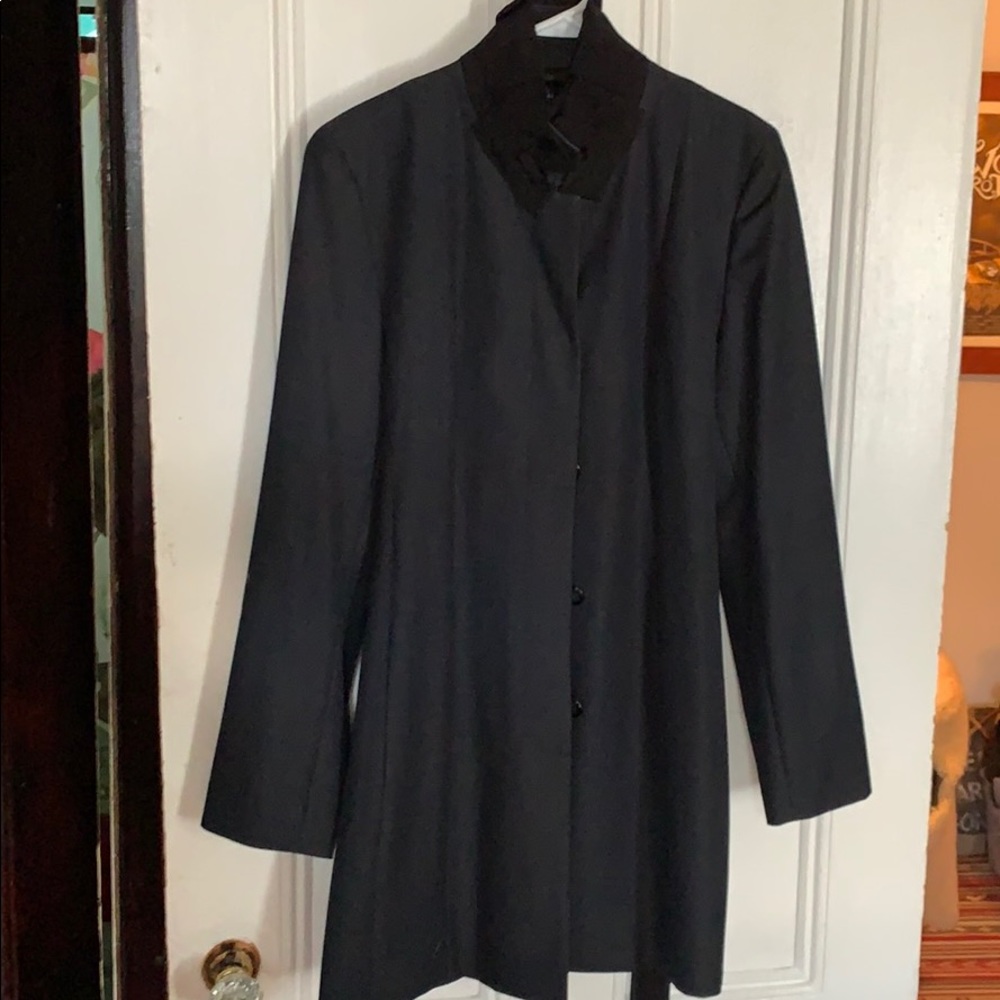 Tahari dressy denim coat with black ruffle collar